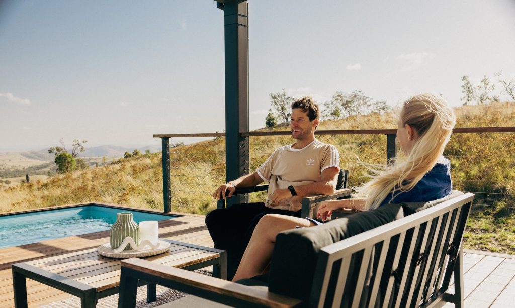 Off-grid eco retreat tent in bushland near Mudgee NSW at golden hour